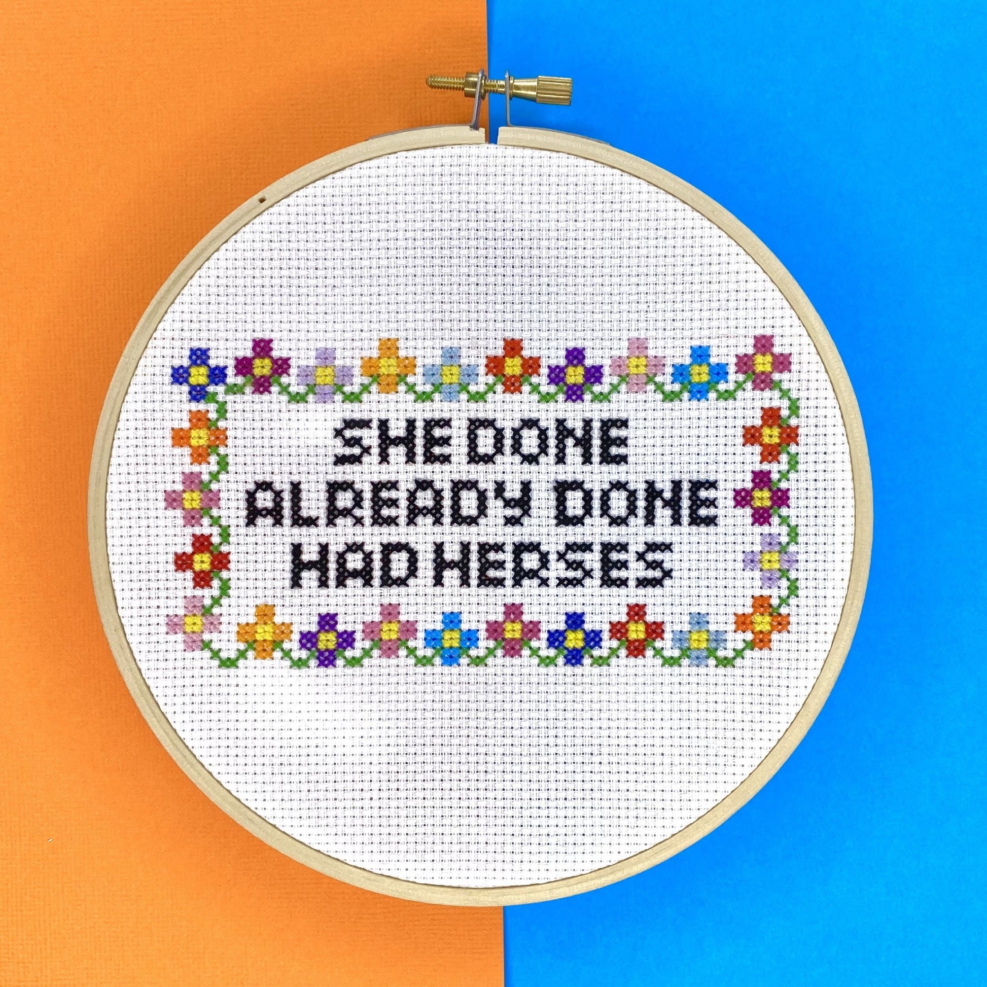 she done already done had herses cross stitch kit by the craft kit at the crafty cowgirl