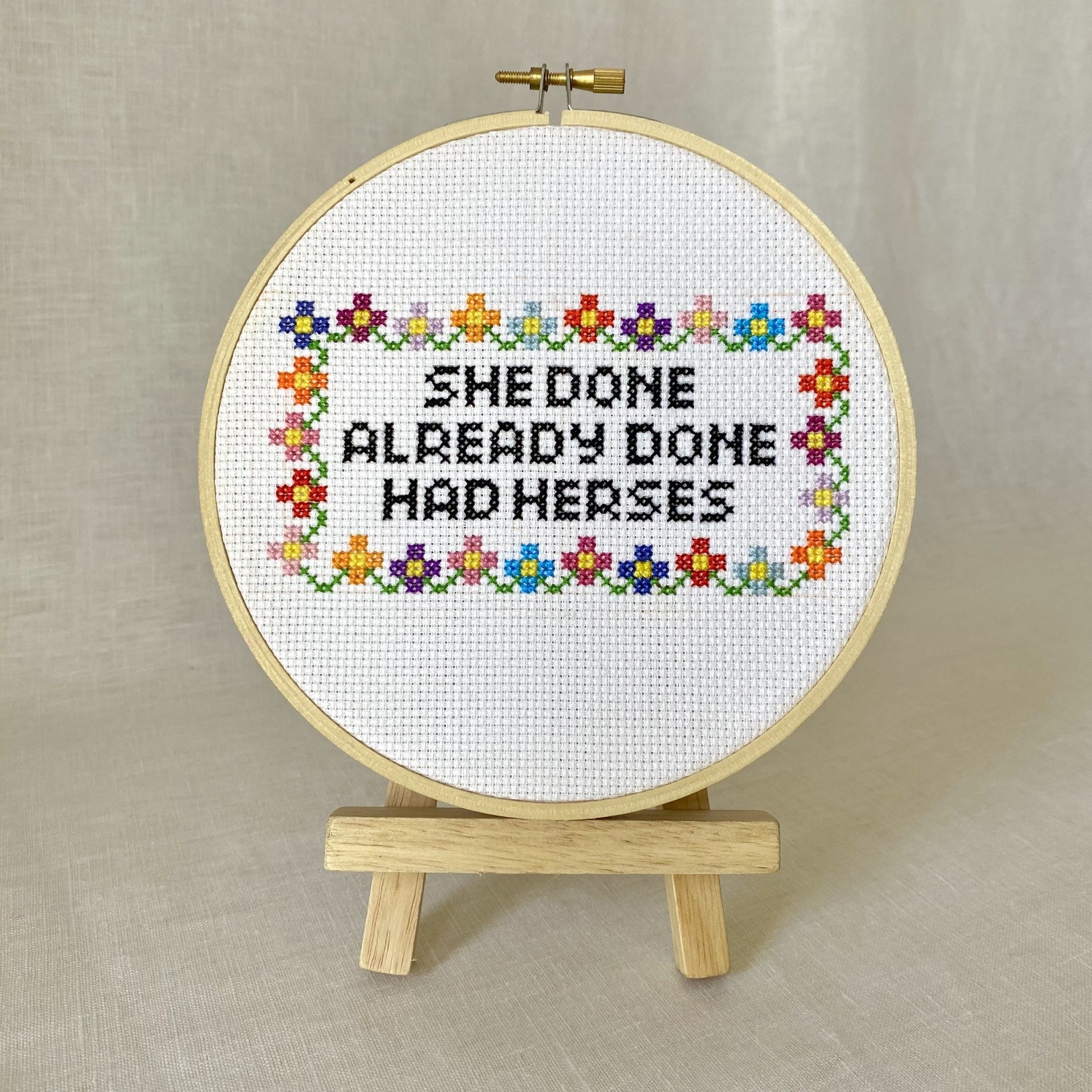 she done already done had herses cross stitch kit by the craft kit at the crafty cowgirl