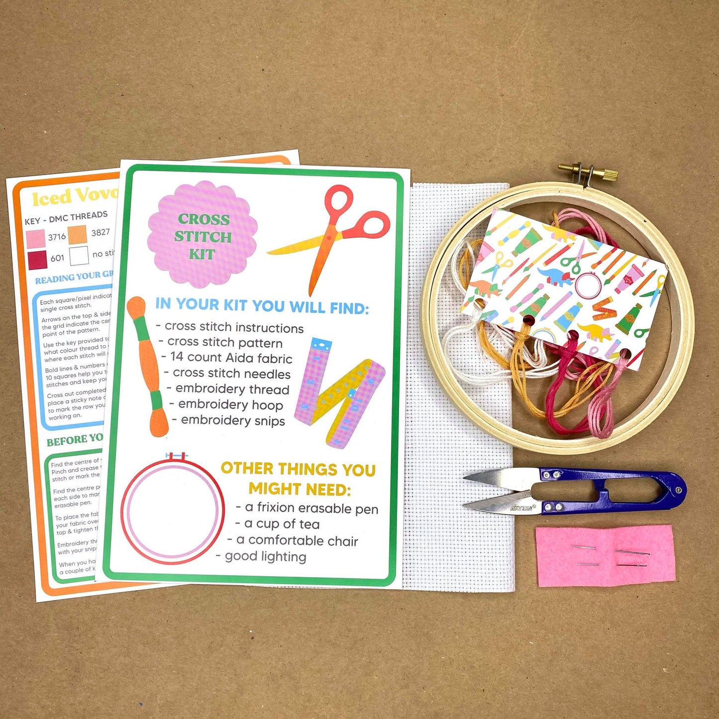 contents of iced vovo cross stitch kit boxfrom the crafty cowgirl