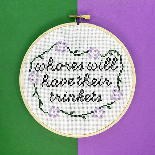 whores will have their trinkets cross stitch kit by the craft kit at the crafty cowgirl