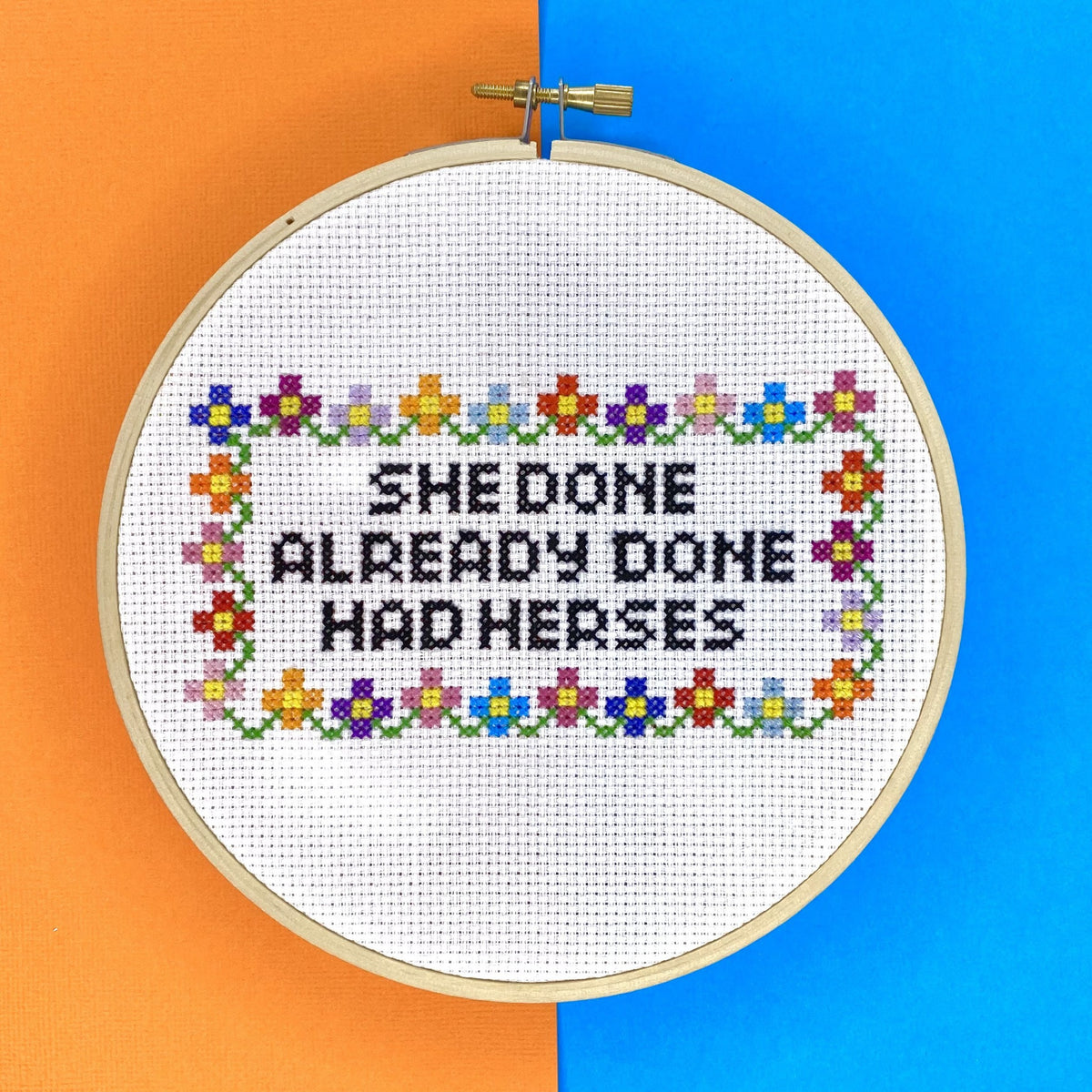 she done already done had herses cross stitch kit by the craft kit at the crafty cowgirl